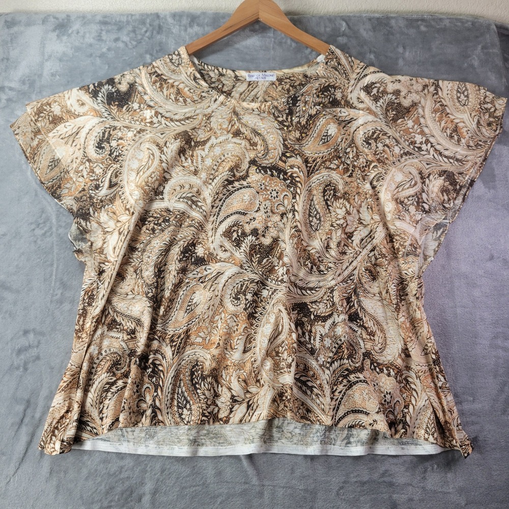 Rebecca Malone Plus Size Paisley Print Top Blouse Brown Beige Short Sleeve 2X‎